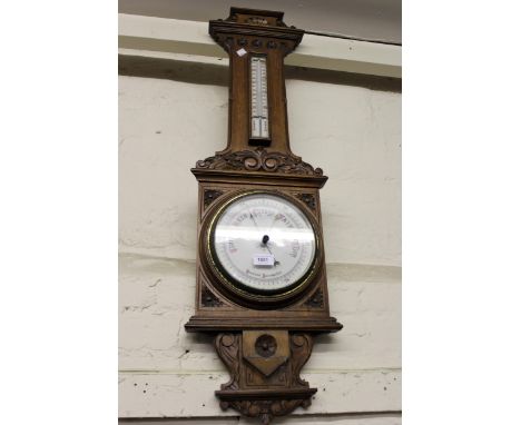 Victorian carved oak aneroid barometer/ thermometer 