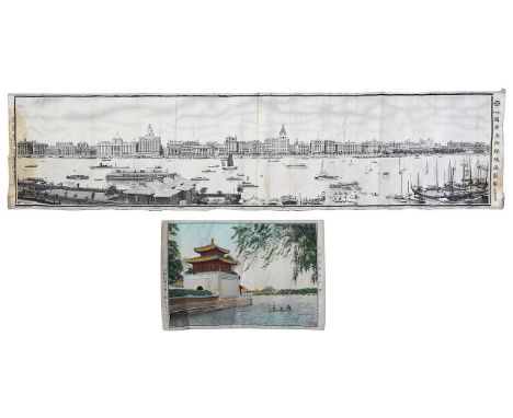 Two Chinese woven silk panelsfirst depicting the Shanghai Bund, signed Kou Hwa Artistic Silk-Weaving Factory Hangchow China, 