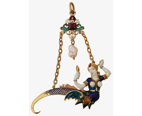 A Renaissance Revival enamel and gem-set pendantin the manner of Reinhold Vasters, the 3D yellow gold polychrome  enamelled m