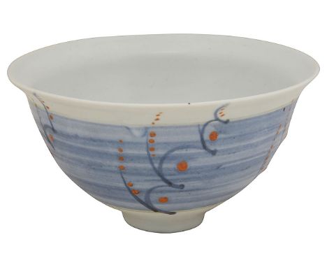 David Leach (British, 1911-2005) A porcelain bowl c.1985cleadon glazed, the exterior painted with a broad blue brushed band d