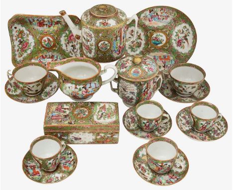 19th century Chinese Canton famille rose porcelain part tea and coffee service and other items typically decorated with panel