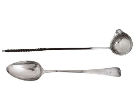 An 18th century silver punch ladle and a George III Old English pattern basting spoonfirst unmarked the round single lipped b