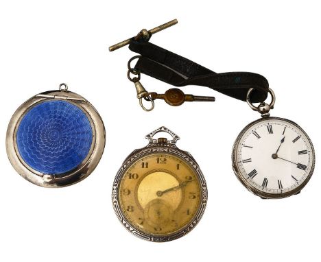 A George V silver and blue guilloche enamel powder compact and two silver pocket watchesfirst Birmingham, 1921, Cohen &amp; C