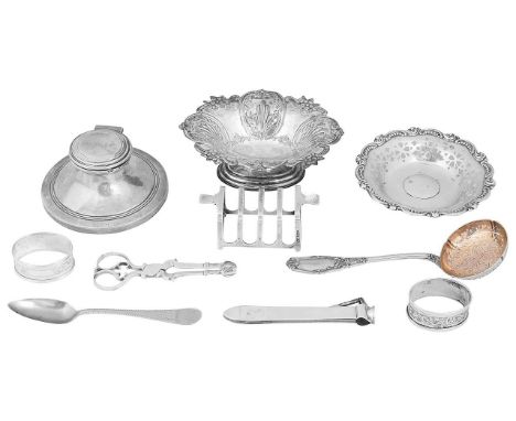 A George V silver capstan inkwell, two bonbon dishes and other itemsfirst Chester, 1914, Robert Pringle &amp; Son, with hinge