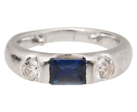 A sapphire and diamond three stone ringcentral rectangular step-cut sapphire, set between two round brilliant-cut diamonds, i