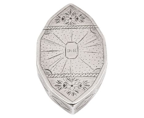 A George III silver snuff boxBirmingham, 1791, makers mark ITof panelled navette form with bright cut engraved decoration, th