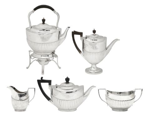 A late Victorian silver five piece tea and coffee serviceSheffield, 1880/1886/1887, Elkington &amp; Cocomprising of oval tape