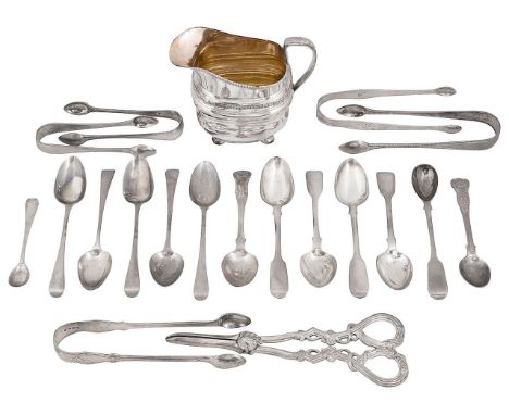 George III and later silver teaspoons and sugar tongs various dates, makerscomprising a set of five Old English pattern teasp