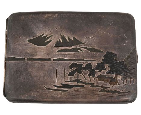 An early 20th century Japanese silver, copper and niello cigarette casestamped sterlingof curved rectangular form, decorated 