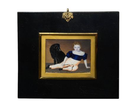 Early 19th century British School. Portrait miniature of Walter Rudston-Reed (1820-1829)Lying on his side holding a toy whip,