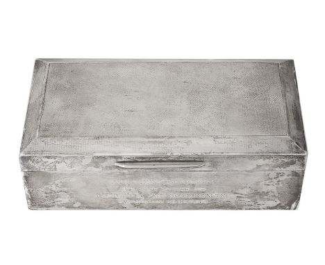 A George V presentation silver table cigarette box London, 1930, Padgett &amp; Branham Ltdrectangular, plain sides and engine