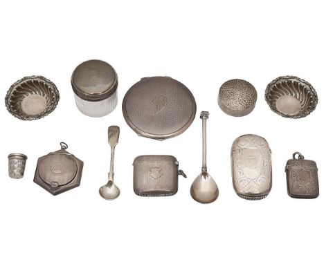 A small collection of silver to include compacts and vesta casesvarious dates, makerscomprising an Art Deco engine turned cir