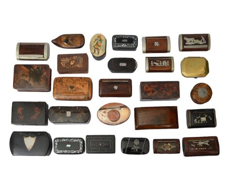 A collection of 19th century and later mostly treen and papier mache snuff boxesto include a rectangular burrwood and tortois