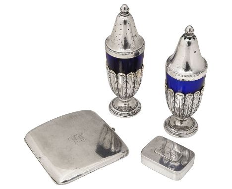 A pair of Italian .800 silver and blue glass salt and pepper shakers and other itemsfirst stamped 800, of blue glass urn form