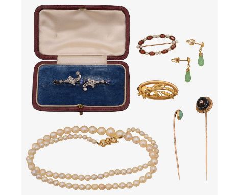 A collection of lady's accessories 9ct gold garnet and pearl set brooch, oval garnets bezel set between pearls to 9ct gold mo