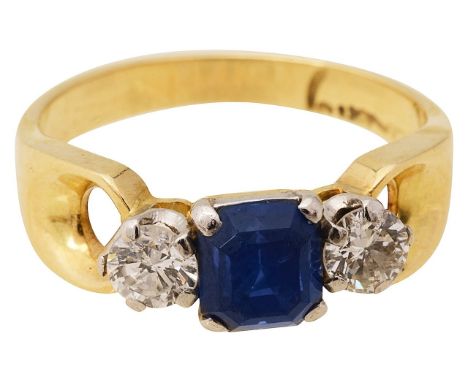 A sapphire and diamond three stone ringcentral square step-cut sapphire, claw set between two round brilliant-cut diamonds, w