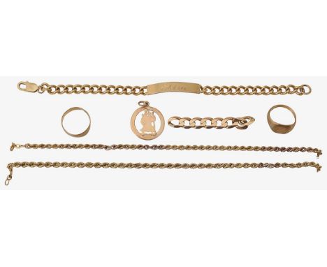 A collection of gentleman's accessories 9ct gold identity bracelet, stamped with hallmarks; 9ct gold twisted rope chain, in t