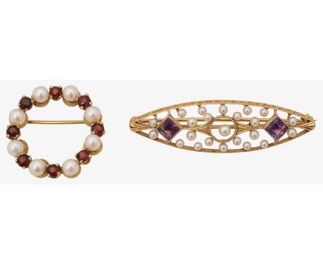 Two gem set broochesthe first; 9ct gold red gem and pear set circular brooch, stamped with import marks, the second; an ameth