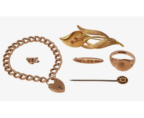 18ct gold floral brooch and other items in the form of a calla lily, set with two pink gemstones, stamped with hallmarks toge