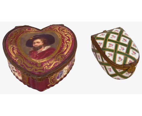 Two late 19th century Sevres style porcelain trinket boxesfirs of heart shape the lid painted with a portrait of Rubens, the 