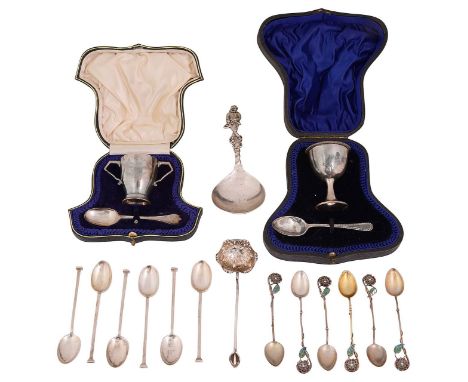 A set of six Norwegian silver gilt and plique a jour enamel coffee spoons and other silver first stamped 900 MF for Marius Ha