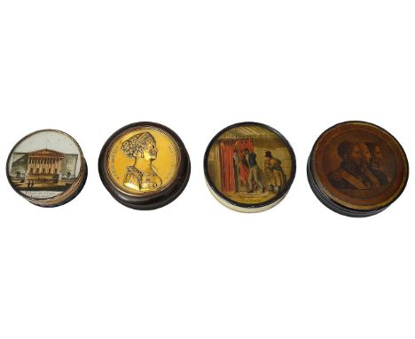 Four early 19th century continental snuff boxescomprising a French circular tortoiseshell box, the lid inset with a gilt port