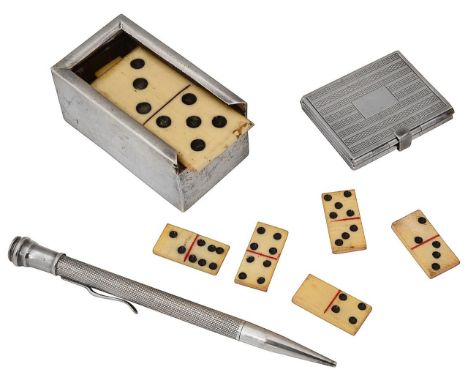 A George V silver cased set of bones dominoes, an Art deco fourfold pocket photograph frame and a propelling pencilfirst Ches