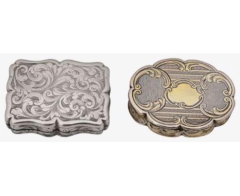 Two early Victorian silver vinaigrettes first Birmingham, 1845, Nathaniel Mills, oval shaped from engraved with  panels of en
