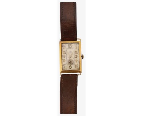 An 18K Roskoff gentleman's wristwatchthe rectangular dial with Arabic numerals, case marked 18K on the reverse, manual wind, 