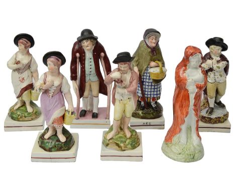 Early 19th century Staffordshire pearlware figures of the Seasons and Old Agecomprising a Pratt type figure of Winter c.1790 