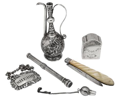 A Sampson and Mordan silver propelling pencil and other silver vertufirst of hexagonal form with engine turned decoration, sl