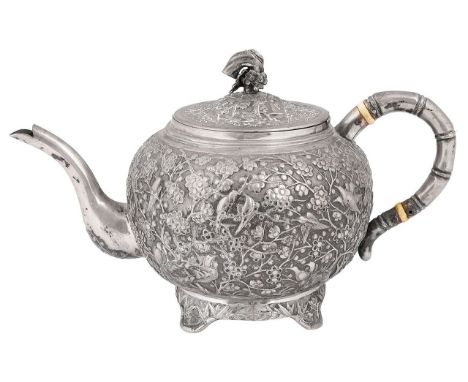 A Chinese export silver teapot Shanghai c.1900, stamped WH 90 for Wang Hing, artisans character mark of compressed from dense