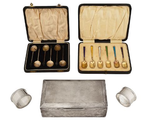 A George V silver-gilt and harlequin guilloche enamel cased set of coffee spoons and other silverfirst Birmingham, 1926, Levi