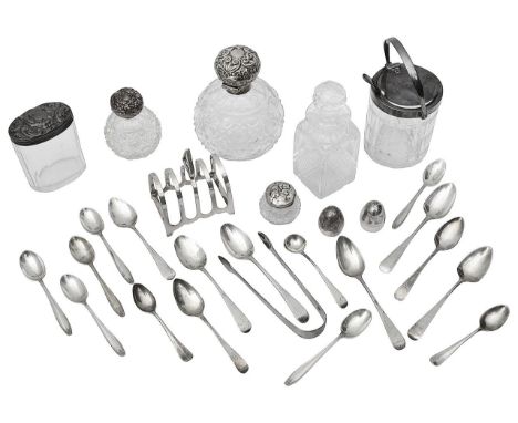 A collection of silver and electroplated itemsvarious dates, makers marks,comprising a four division toast rack, Sheffield, 1