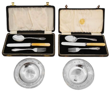 Two Elizabeth II silver prize armada dishes and two cased christening setsfirst, London, 1992 William Comyns &amp; Sons Ltd, 