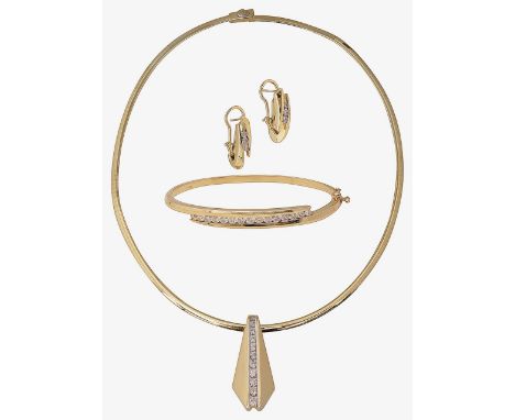 A diamond-set parurecomprising a link torc necklace with pendant, a hinged bangle and a  pair of ear clips, channel-set with 