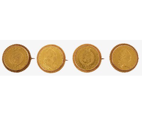 Four Half Guinea broochesthe first: A George III half guinea brooch, dated 1803, laureate head facing right, rev. crowned shi
