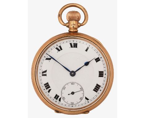A 9ct gold open faced keyless pocket watchthe enamel dial with Roman numerals and subsidiary seconds and minute track, marked