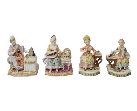 Two late 19th century Dresden allegorical figures after Meissen originals by Schonheit from the Five Senses probably by Helen