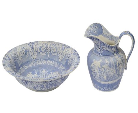 A mid 19th century Staffordshire blue and white 'Etruscan' Series wash jug and basin unmarked, probably Elkin, Knight &amp; B