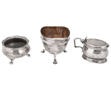 An early Victorian silver cauldron salt, a sugar basin and a George III mustard pot first London, 1841, Robert Hennell IIIof 