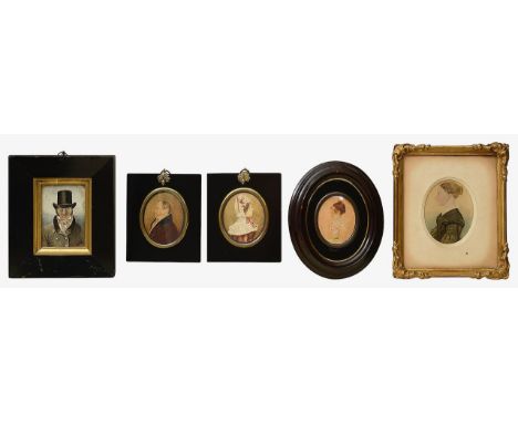 Mid 19th century British School. Five portrait miniaturescomprising a pair of portraits of a lady and a gentleman, c.1820, wa