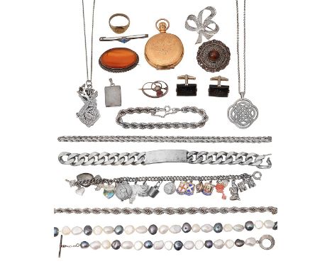 A collection of costume jewellery a silver open-work pendant, stamped with hallmarks, suspended on a trace-link chain; a silv