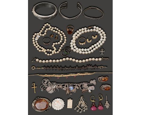 A selection of costume jewellery 9ct gold and cultured pearl ring, set with diamond points, stamped with hallmarks; string of