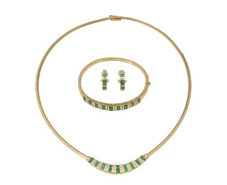 An emerald and diamond-set demi parurethe front section of the necklace set with a graduated curved row of alternating vertic