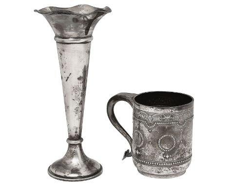 A Victorian silver christening mug and a spill vasefirst London, 1875, George Fox, with S scroll handle with heart terminal, 