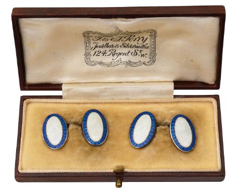 A pair of gentleman's silver and guilloche enamel cufflinksLondon, 1911, J Aitkin &amp; Sonoval in blue and pearlescent ename