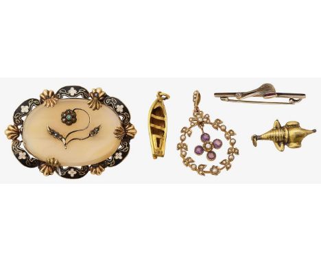 A group of lady's accessories including brooches and pendantsan Edwardian circular seed pearl and amethyst set pendant, in th