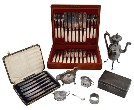 A collection of silver and plated itemsvarious dates and makerscomprising a George V engine turned table cigarette box, Londo