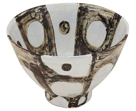 James Tower. (1919-1988) A footed earthenware bowl c.1955of tapering form, decorated with an abstract design of circles and d